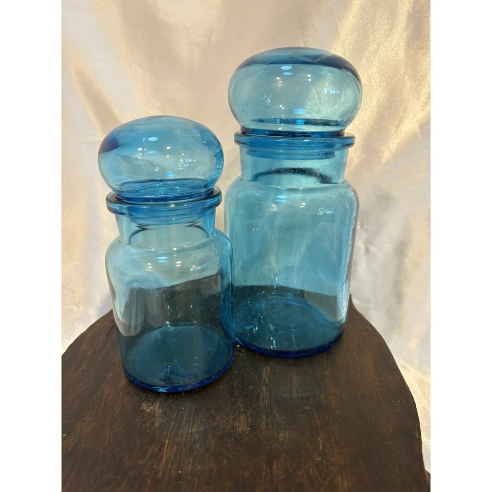 Vintage Aqua Blue Glass Apothecary Storage Jars Bubble Top Belgium Two Sizes